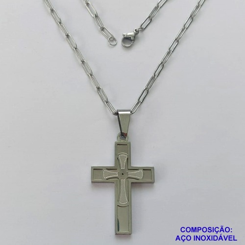 GARGANTILHA EM AÇO INOXIDÁVEL - (12753) GARGANTILHA COM CORRENTE 60CM E PINGENTE CRUCIFIXO DUPLO E DESENHADO 19X36MM - COMPOSIÇÃO: AÇO INOXIDÁVEL - (AÇO1982) ACGG000422