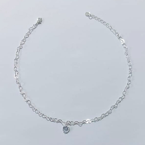 TORNOZELEIRA FOLHEADA A PRATA COM 50 MILÉSIMOS + VERNIZ DIAMOND - TORNOZELEIRA CORRENTE CORAÇÃO 25CM COM PINGENTE CORAÇÃO DE ZIRCÔNIA + EXTENSOR PRTO000135