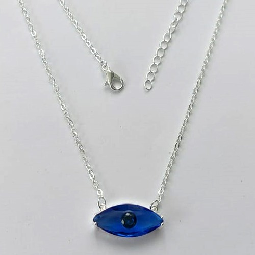 GARGANTILHA FOLHEADO A PRATA COM 50 MILÉSIMOS + VERNIZ DIAMOND - GARGANTILHA CORRENTE CADEADO 40CM PINGENTE ZIRCÔNIA AZUL ESCURO 21X9MM  + FECHO LAGOSTA - (PRA442) PRGG001442