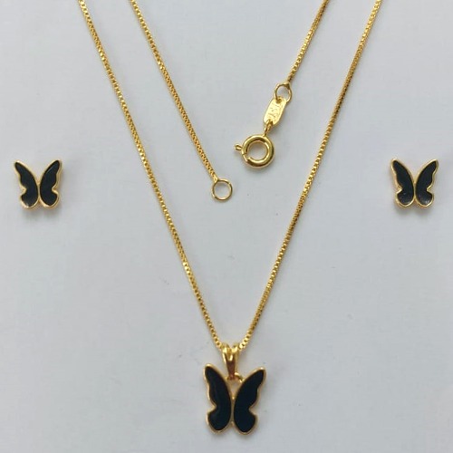 CONJUNTO FOLHEADO A OURO - BANHADO COM 5 MILÉSIMOS + VERNIZ DIAMOND - CONJUNTO COM CORRENTE VENEZIANA 45CM E BRINCOS DE PINO COM PINGENTE BORBOLETA PRETA 10MM- (OURO307)OUCJ000051