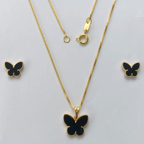 CONJUNTO FOLHEADO A OURO - BANHADO COM 5 MILÉSIMOS + VERNIZ DIAMOND - CONJUNTO COM CORRENTE VENEZIANA 45CM E BRINCOS DE PINO COM PINGENTE BORBOLETA PRETA 13MM- (OURO308) OUCJ000052