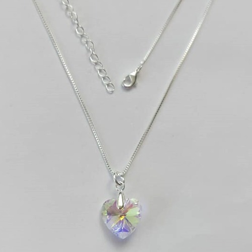 GARGANTILHA FOLHEADO A PRATA COM 50 MILÉSIMOS + VERNIZ DIAMOND - GARGANTILHA CORRENTE VENEZIANA 45CM PINGENTE CORAÇÃO CRISTAL 13MM  + FECHO LAGOSTA - (PRA448) PRGG001448