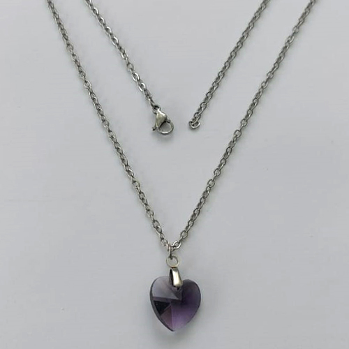 GARGANTILHA EM AÇO INOXIDAVEL - (AÇO03) GARGANTILHA COM CORRENTE 50CM E PINGENTE CORAÇÃO CRISTAL ROXO 13MM - FECHO LAGOSTA (AÇO2047) ACGG000447