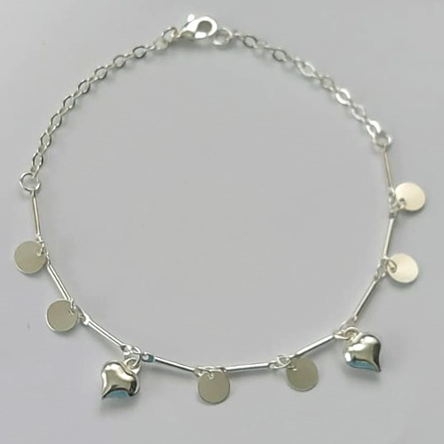 PULSEIRA FOLHEADA A PRATA COM 50 MILÉSIMOS + VERNIZ DIAMOND - PULSEIRA COM BOLINHAS LISAS E CORAÇÃO LISO - TAMANHO: 20CM + FECHO LAGOSTA (PRA477) PRPS001160
