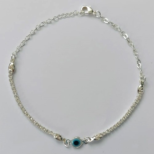 PULSEIRA FOLHEADA A PRATA COM 50 MILÉSIMOS + VERNIZ DIAMOND - PULSEIRA COM STRASS E OLHO GREGO  - TAMANHO: 18CM E  FECHO LAGOSTA + EXTENSOR (PRA480) PRPS001163