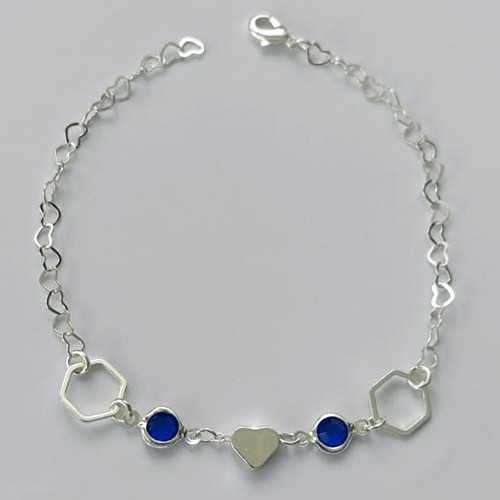 PULSEIRA FOLHEADA A PRATA COM 50 MILÉSIMOS + VERNIZ DIAMOND - PULSEIRA COM CORAÇÃO E PEDRA CRISTAL AZUL ESCURO - TAMANHO: 19CM E  FECHO LAGOSTA (PRA481) PRPS001164