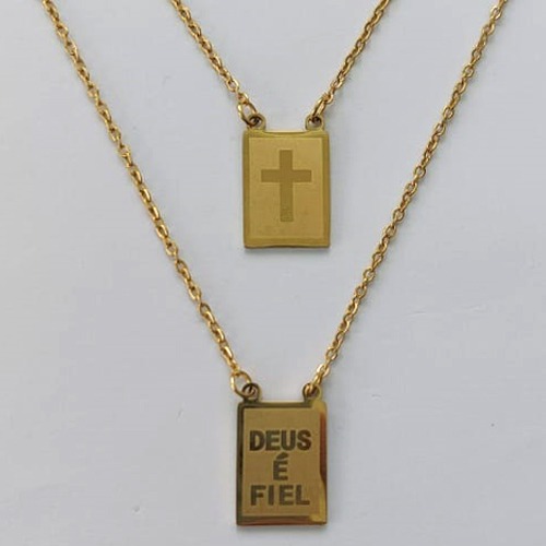 ESCAPULÁRIO EM AÇO INOXIDÁVEL -  ESCAPULÁRIO DOURADO DEUS É FIÉL E CRUCIFIXO - TAMANHO: 60CM - COMPOSIÇÃO: AÇO INOXIDÁVEL - (AÇO2074) ACES000106