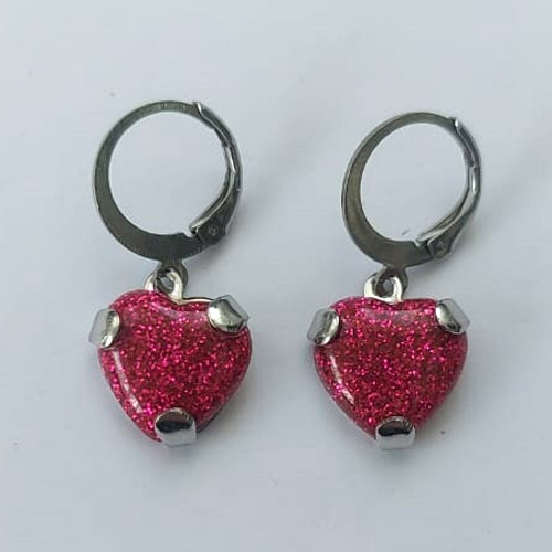 BRINCO EM AÇO INOXIDÁVEL -  BRINCOS ARGOLINHA DE PRESSÃO COM CORAÇÃO EM CRISTAL COM GLITTER ROSA 12MM - COMPOSIÇÃO: AÇO INOXIDÁVEL - (AÇO2089) ACBR000349