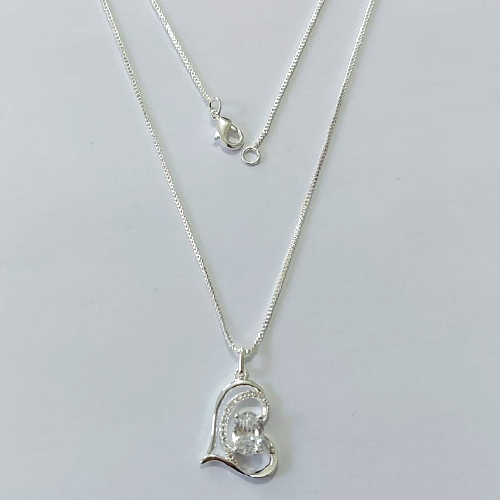 GARGANTILHA FOLHEADA A PRATA COM 50 MILÉSIMOS + VERNIZ DIAMOND - GARGANTILHA CORRENTE VENEZIANA 45CM PINGENTE CORAÇÃO COM ZIRCÔNIA CRISTAL 21MM PRGG001481