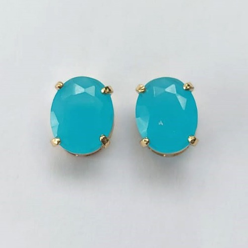 BRINCO FOLHEADO A OURO - BANHADO COM 5 MILÉSIMOS + VERNIZ DIAMOND - BRINCO DE PINO COM ZIRCÔNIA AZUL 8X10MM - (OURO412) OUBR000289