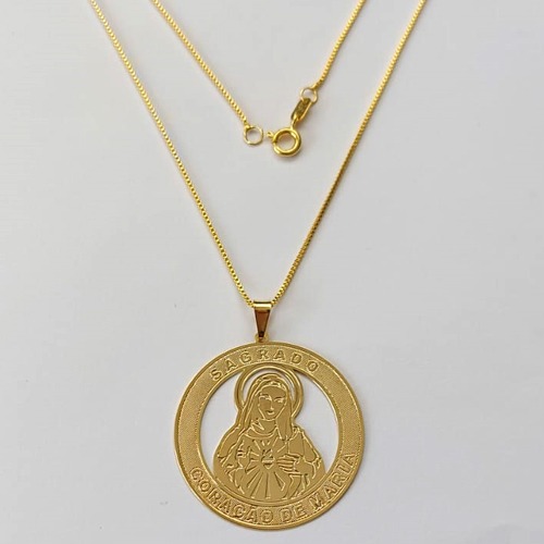 GARGANTILHA FOLHEADA A OURO - BANHADO COM 5 MILÉSIMOS + VERNIZ DIAMOND - CORRENTE VENEZIANA 45CM E PINGENTE MEDALHA SAGRADO CORAÇÃO DE MARIA 34MM - FECHO REDONDO (OURO420)OUGG000139