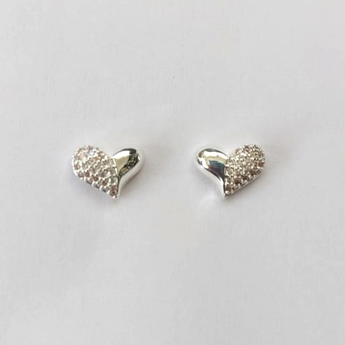 BRINCO FOLHEADO A PRATA COM 50 MILÉSIMOS + VERNIZ DIAMOND - BRINCO DE PINO CORAÇÃO COM ZIRCÔNIAS 9MM - (PRA621) P RBR001331