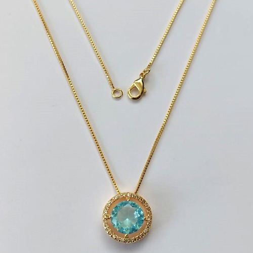 GARGANTILHA FOLHEADA A OURO - COM CORRENTE VENEZIANA 45CM E PINGENTE CRAVEJADO COM MICRO ZIRCÔNIAS E ZIRCÔNIA AZUL CLARO 10MM (OURO631) OUGG000171