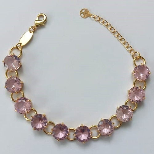 PULSEIRA FOLHEADA A OURO - BANHADO COM 5 MILÉSIMOS + VERNIZ DIAMOND - PULSEIRA COM BASE DE ALTA FUSÃO E ZIRCÔNIAS ROSAS 10MM - TAMANHO: 18CM - FECHO LAGOSTA (OURO667) OUPS000094