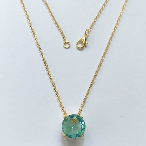 GARGANTILHA FOLHEADA A OURO 5 MILÉSIMOS + VERNIZ DIAMOND - CORRENTE CADEADO 45CM E PINGENTE COM ZIRCÔNIA REDONDA AZUL CLARA 12X12MM - (OURO836)OUGG000200