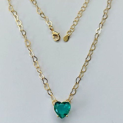 SHOCKER FOLHEADO A OURO 5 MILÉSIMOS + VERNIZ DIAMOND - CORRENTE DE CORAÇÃO 40CM + EXTENSOR E FECHO LAGOSTA - PINGENTE ZIRCÔNIA FORMATO CORAÇÃO VERDE 10MM (OURO896) OUSH000006
