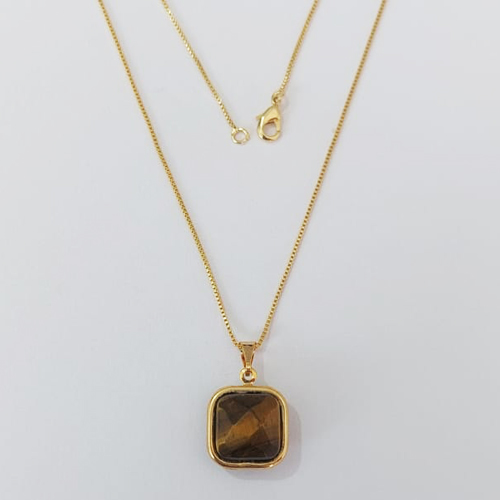 GARGANTILHA FOLHEADA A OURO - BANHADO COM 5 MILÉSIMOS + VERNIZ DIAMOND - GARGANTILHA CORRENTE VENEZIANA 45CM COM PINGENTE OLHO DE TIGRE (OURO928) OUGG000230