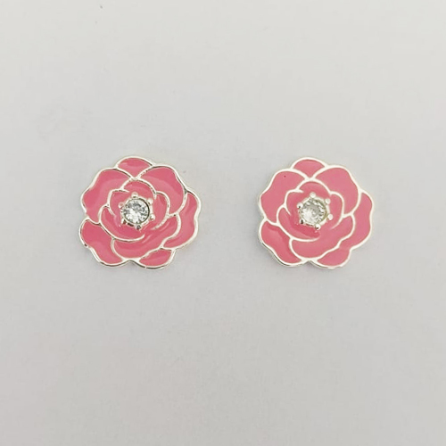 BRINCO FOLHEADO A PRATA COM 50 MILÉSIMOS + VERNIZ DIAMOND - BRINCO DE PINO FLOR ESMALTADA ROSA COM ZIRCÔNIA 15MM (PRA836) PRBR001477