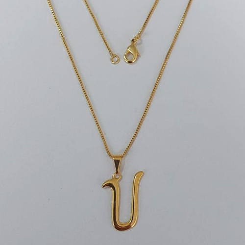 GARGANTILHA FOLHEADO A OURO - BANHADO COM 5 MILÉSIMOS + VERNIZ DIAMOND - CORRENTE DE 45CM VENEZIANA PINGENTE LETRA U 14MM- (OURO1090) OUGG000240