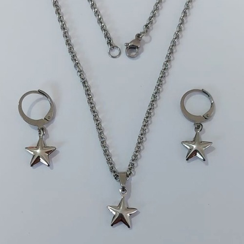 CONJUNTO EM AÇO INOXIDÁVEL - CORRENTE DE 45CM (BCL33) BRINCOS ARGOLA DE PRESSÃO PINGENTES ESTRELA DUPLA LISA 10MM (AÇO2325)ACCJ000126