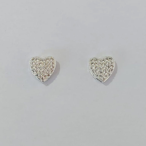 BRINCO FOLHEADO A PRATA COM 50 MILÉSIMOS + VERNIZ DIAMOND -BRINCO DE PINO CORAÇÃO COM MICRO ZIRCÔNIAS 10MM PRBR001489