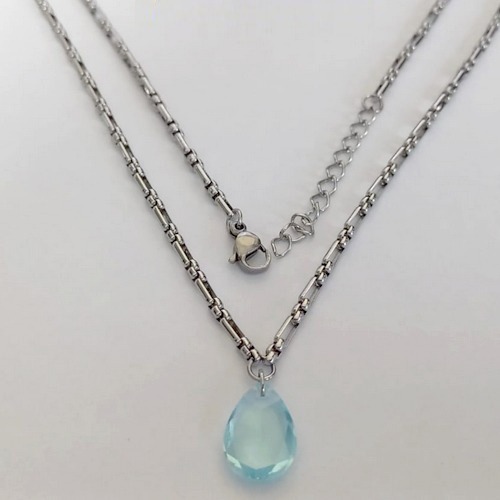 GARGANTILHA EM AÇO INOXIDÁVEL - CORRENTE DE 50CM (BCOL058) PINGENTE ZIRCÔNIA AZUL 10X14MM ACGG000517