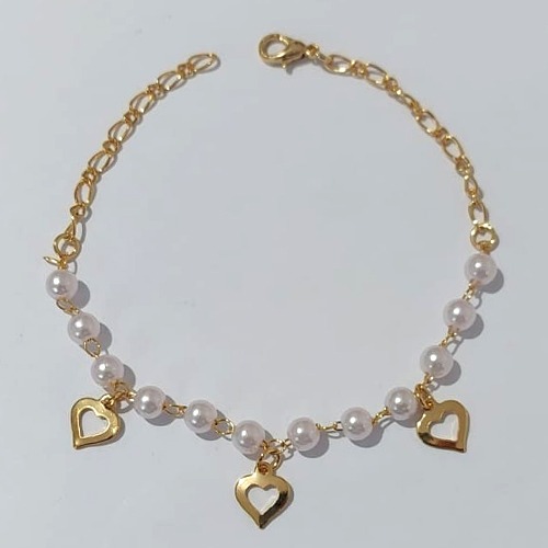 PULSEIRA FOLHEADA A OURO + VERNIZ - PULSEIRA 18CM COM PÉROLAS E CORAÇÕES VAZADOS(OURO1197) OUPS0000121