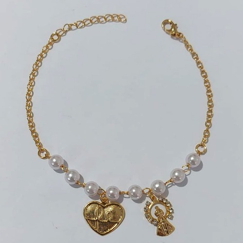 PULSEIRA FOLHEADO A OURO - BANHADO COM 5 MILÉSIMOS + VERNIZ - PULSEIRA 18CM COM PÉROLAS E PINGENTE CORAÇÃO FÉ E NOSSA SENHORA APARECIDA COM STRASS (OURO1196) OUPS0000122