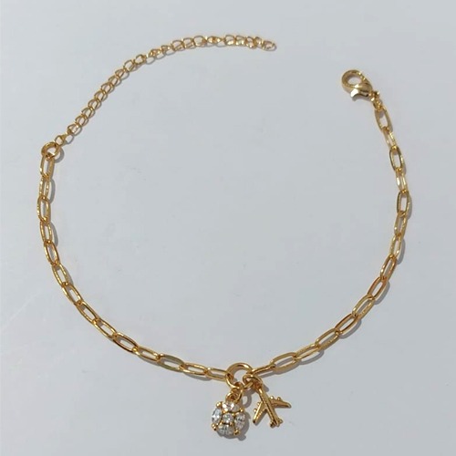 PULSEIRA FOLHEADO A OURO + VERNIZ - PULSEIRA 15CM COM FLOR DE MICRO ZIRCÔNIAS E AVIÃO- (OURO1179) OUPS0000125