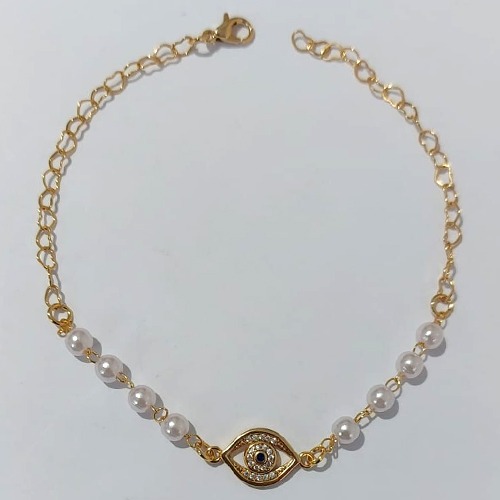 PULSEIRA FOLHEADO A OURO 5 MILÉSSIMOS + VERNIZ - PULSEIRA 21CM COM PÉROLAS E OLHO GREGO COM MICRO ZIRCÔNIA - (OURO1181) OUPS0000127