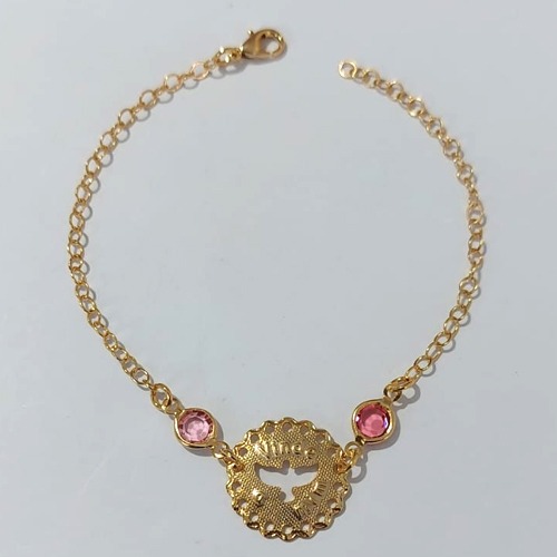 PULSEIRA FOLHEADO A OURO + VERNIZ - - PULSEIRA 18CM COM PEDRA CRISTAL ROSA E ESPÍRITO SANTO VAZADO - (OURO1182) OUPS0000128