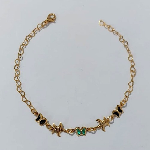 PULSEIRA FOLHEADO A OURO 5 MILÉSSIMOS + VERNIZ - PULSEIRA 19CM COM BORBOLETAS DE PEDRA CRISTAL CO.LORIDAS-( OURO1183) OUPS0000129