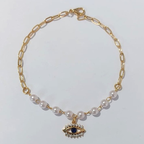 PULSEIRA FOLHEADO A OURO 5 MILÉSSIMOS + VERNIZ - PULSEIRA 19CM COM PÉROLAS E OLHO GREGO COM MICRO ZIRCÔNIAS - (OURO1184) OUPS0000130