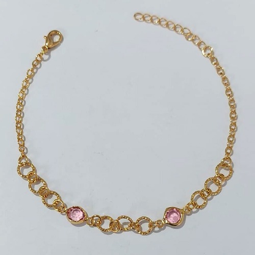 PULSEIRA FOLHEADO A OURO 5 MILÉSSIMOS + VERNIZ - PULSEIRA 16CM CÍRCULOS VAZADOS E PEDRA CRISTAL ROSA+ EXTENSOR - (OURO1188) OUPS0000134