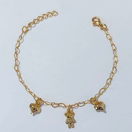 PULSEIRA FOLHEADO A OURO 5 MILÉSSIMOS + VERNIZ - PULSEIRA 14CM CORAÇÕES E URSINHO CRAVEJADO+ EXTENSOR - (OURO1190) OUPS0000136