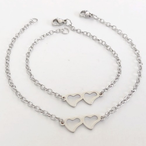 PULSEIRA EM AÇO INOXIDÁVEL - (08) - PULSEIRA MÃE E FILHA CORAÇÃO VAZADOS 19/15CM - FECHO LAGOSTA - COMPOSIÇÃO: AÇO INOXIDÁVEL -(ACO0214) ACPS000743