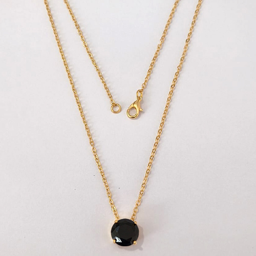 GARGANTILHA FOLHEADA A OURO - BANHADO COM 5 MILÉSIMOS + VERNIZ DIAMOND - CORRENTE CADEADO 45CM E PINGENTE EM ZIRCÔNIA REDONA PRETA 10MM - (OURO1173) OUGG000244