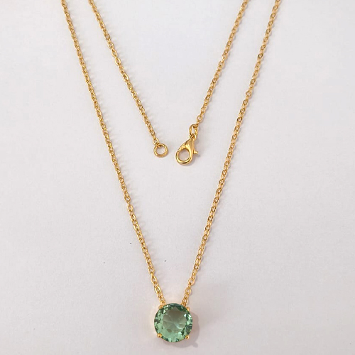 GARGANTILHA FOLHEADA A OURO - BANHADO COM 5 MILÉSIMOS + VERNIZ DIAMOND - CORRENTE CADEADO 45CM E PINGENTE EM ZIRCÔNIA REDONDA VERDE CLARO 10MM - (OURO1243) OUGG000252