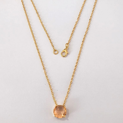 GARGANTILHA FOLHEADA A OURO - BANHADO COM 5 MILÉSIMOS + VERNIZ DIAMOND - CORRENTE CADEADO 45CM E PINGENTE EM ZIRCÔNIA REDONDA SALMÃO 10MM - (OURO1246) OUGG000255