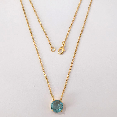 GARGANTILHA FOLHEADA A OURO - BANHADO COM 5 MILÉSIMOS + VERNIZ DIAMOND - CORRENTE CADEADO 45CM E PINGENTE EM ZIRCÔNIA REDONDA AZUL CLARO 10MM - (OURO1247) OUGG000256