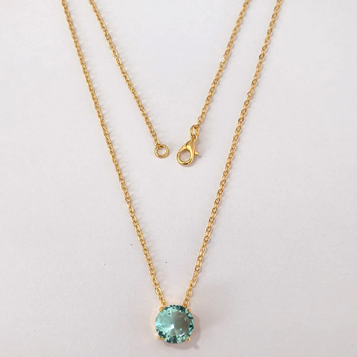 GARGANTILHA FOLHEADA A OURO - BANHADO COM 5 MILÉSIMOS + VERNIZ DIAMOND - CORRENTE CADEADO 45CM E PINGENTE EM ZIRCÔNIA REDONDA AZUL 10MM - (OURO1249) OUGG000258