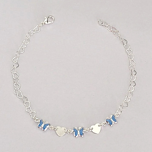 PULSEIRA FOLHEADA A PRATA COM 50 MILÉSIMOS + VERNIZ DIAMOND - PULSEIRA 19CM CORRENTE CORAÇÃO COM BORBOLETAS AZUÍS DE VIDRO E FECHO LAGOSTA - PRPS001266