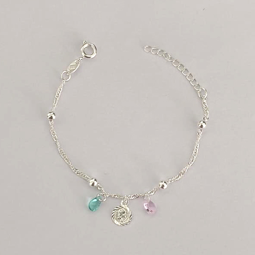 PULSEIRA FOLHEADA A PRATA COM 50 MILÉSIMOS + VERNIZ DIAMOND - PULSEIRA INFANTIL 12CM CORRENTE DE BOLINHAS COM PEDRAS COLORIDAS - PRPS001267