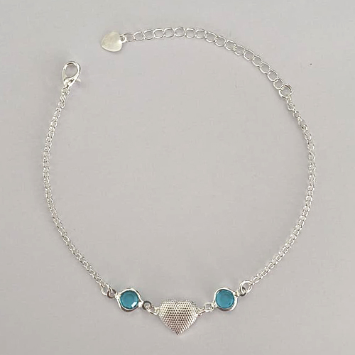 PULSEIRA FOLHEADA A PRATA COM 50 MILÉSIMOS + VERNIZ DIAMOND - PULSEIRA 16CM CORAÇÃO COM PEDRA CRISTAL AZUÍS + EXTENSOR E FECHO LAGOSTA - PRPS001268