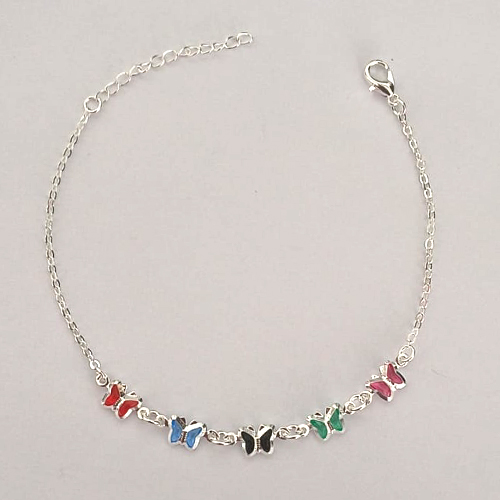 PULSEIRA FOLHEADA A PRATA COM 50 MILÉSIMOS + VERNIZ DIAMOND - PULSEIRA 17CM BORBOLETAS DE VIDRO COLORIDAS + EXTENSOR E FECHO LAGOSTA - PRPS001270