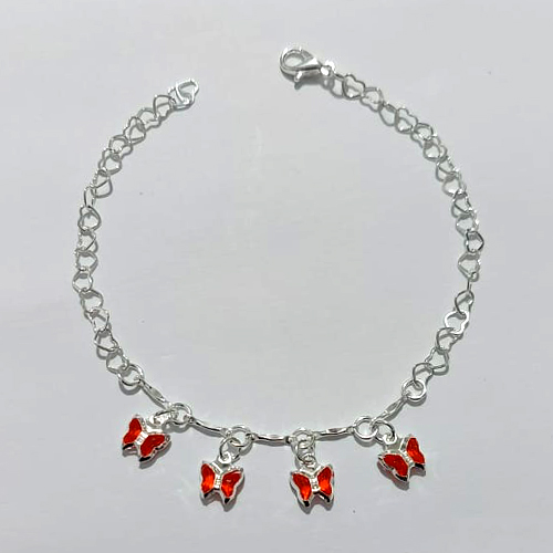 PULSEIRA FOLHEADA A PRATA COM 50 MILÉSIMOS + VERNIZ DIAMOND - PULSEIRA 17CM BORBOLETAS DE VIDRO VERMELHA FECHO LAGOSTA - PRPS001270