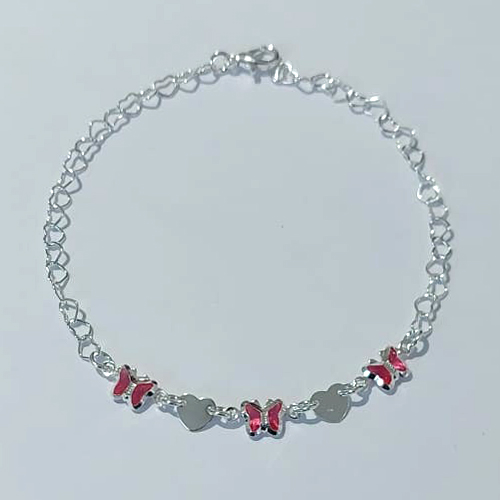 PULSEIRA FOLHEADA A PRATA COM 50 MILÉSIMOS + VERNIZ DIAMOND - PULSEIRA 19CM CORRENTE CORAÇÃO COM BORBOLETAS ROSAS DE VIDRO E FECHO LAGOSTA - PRPS001272