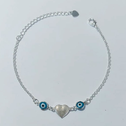 PULSEIRA FOLHEADA A PRATA COM 50 MILÉSIMOS + VERNIZ DIAMOND - PULSEIRA 16CM CORAÇÃO COM OLHOS GREGOS AZUIS + EXTENSOR E FECHO LAGOSTA - PRPS001274