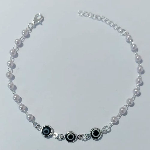 PULSEIRA FOLHEADA A PRATA COM 50 MILÉSIMOS + VERNIZ DIAMOND - PULSEIRA 17CM PERÓLAS COM OLHOS GREGOS NEGROS + EXTENSOR E FECHO LAGOSTA - PRPS001275