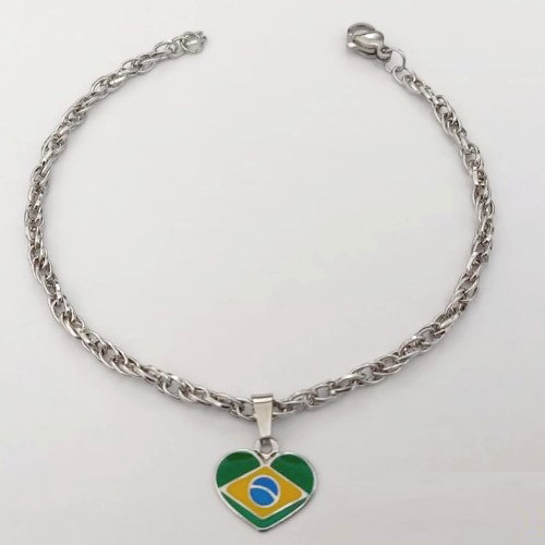 PULSEIRA EM AÇO INOXIDÁVEL - PULSEIRA 18CM COM PINGENTE BANDEIRA DO " BRASIL " RESINADA EM FORMATO CORAÇÃO DE 13MM (AÇO3023) - ACPS000762